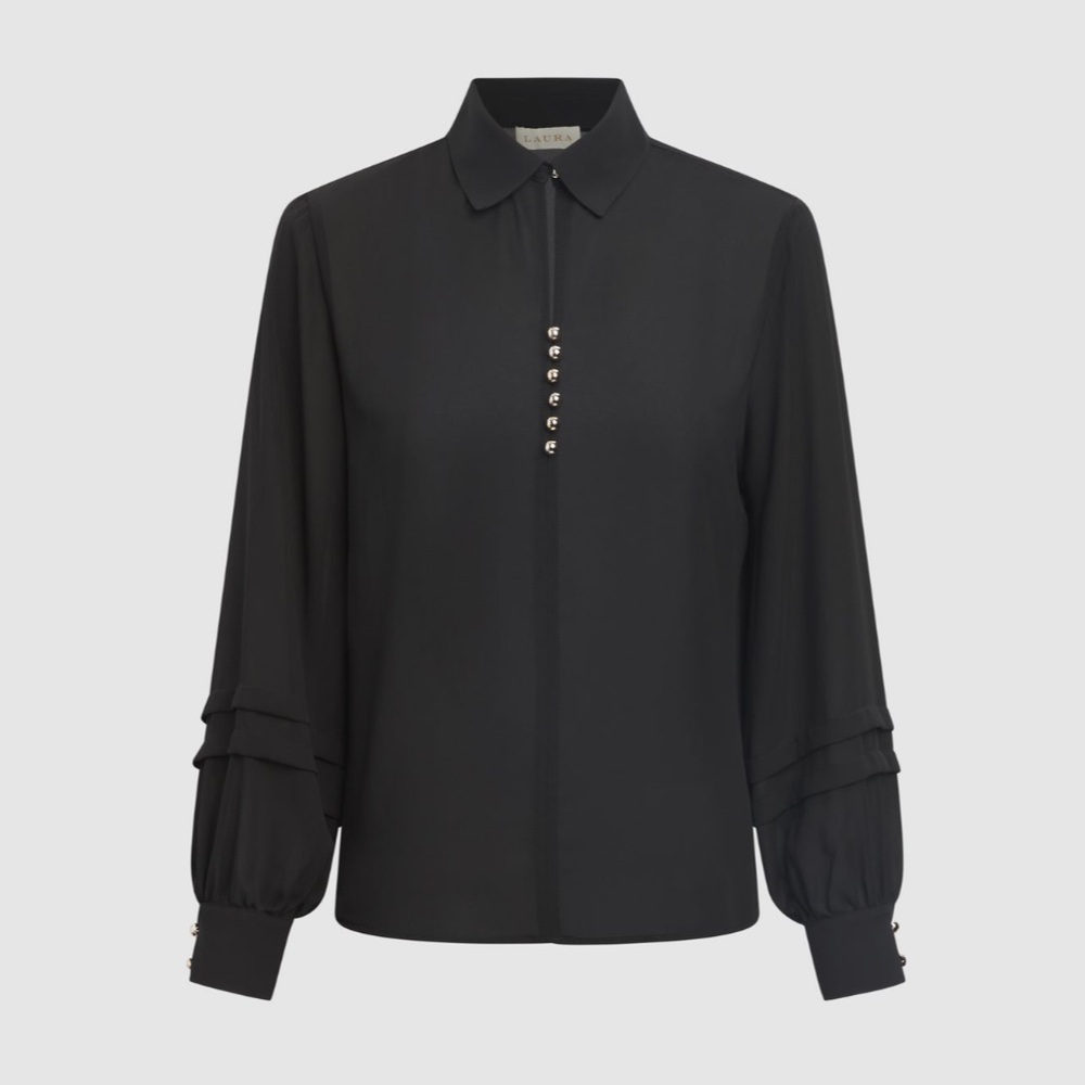 Laura #101300 Button Detail Long Sleeve Blouse Black